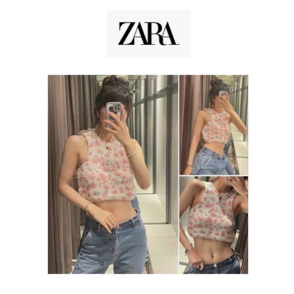 Zara Crochet Cropped Tank Top with Floral Print S - Picture 1 of 14